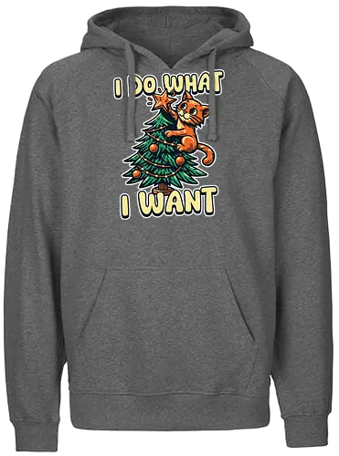 I do what I want - cat, christmas tree, holiday, humor, star, decoration, whimsical, playful, cute, mischievous - Fairtrade Hoodie