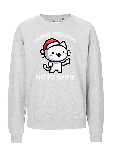 Meowy Christmas Mother Fluffer - cartoon, cat, santa hat, festive, christmas, humor, playful, cute, gray, holiday - Fairtrade Sweatshirt