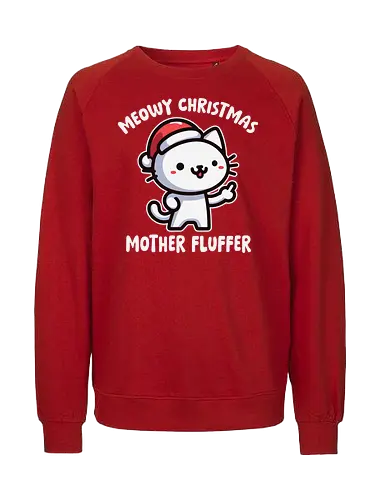 Meowy Christmas Mother Fluffer - cartoon, cat, santa hat, festive, christmas, humor, playful, cute, gray, holiday - Fairtrade Sweatshirt