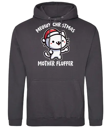 Meowy Christmas Mother Fluffer - cartoon, cat, santa hat, festive, christmas, humor, playful, cute, gray, holiday - Standard Hoodie