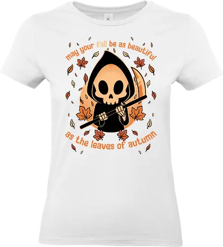 Beautiful Autumn Death - Halloween, death, dark humor, dark comedy, Autumn, fall, october, Cute fun, funny, spooky, creepy, scary, trick or treat, leaves, grim reaper - Standard T-Shirt (Frauen)