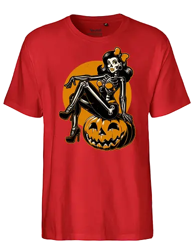 Halloween Pinup - halloween, pinup, sexy, creepy, spooky, autumn, skull, skeleton, graveyard, grave, pumpkin - Fairtrade T-Shirt