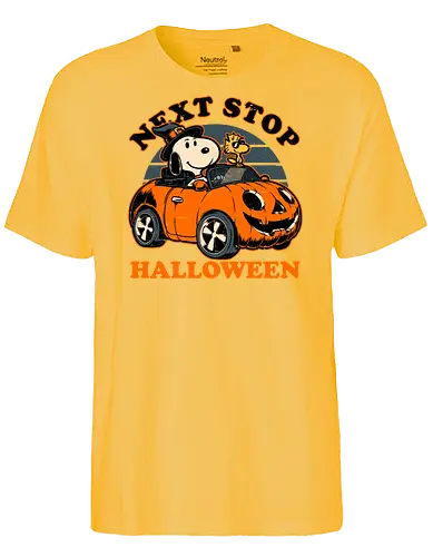Spooky Beagle Car - halloween, holiday, october, spooky, trick or treat, Vintage, Retro Vintage, classic, Scary, creepy, dog, pet, beagle, bird, car, pumpkin, peanuts, woodstock - Fairtrade T-Shirt