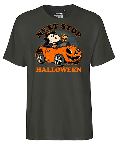 Spooky Beagle Car - halloween, holiday, october, spooky, trick or treat, Vintage, Retro Vintage, classic, Scary, creepy, dog, pet, beagle, bird, car, pumpkin, peanuts, woodstock - Fairtrade T-Shirt
