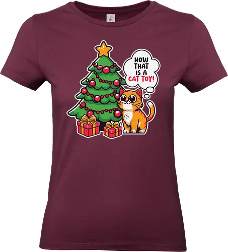 Now that is a cat toy! - cat, christmas tree, presents, festive, decorations, speech bubble, humorous, holiday, cartoon, orange cat - Standard T-Shirt (Frauen)