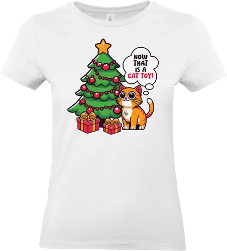 Now that is a cat toy! - cat, christmas tree, presents, festive, decorations, speech bubble, humorous, holiday, cartoon, orange cat - Standard T-Shirt (Frauen)