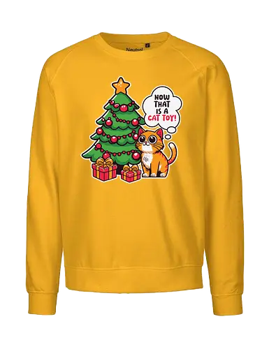 Now that is a cat toy! - cat, christmas tree, presents, festive, decorations, speech bubble, humorous, holiday, cartoon, orange cat - Fairtrade Sweatshirt