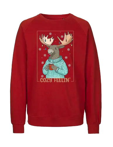 Cozy Feelin’ - moose, xmas, christmas, merry christmas, holiday, happy holidays, cocoa, chocolate, cozy christmas - Fairtrade Sweatshirt