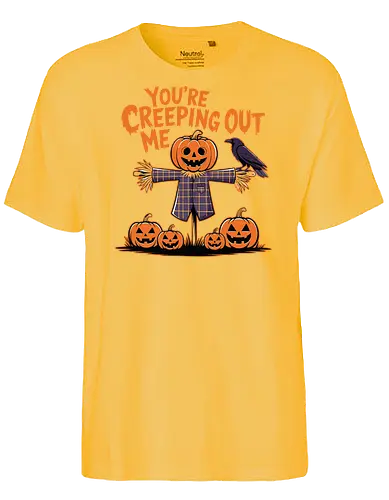 You're Creeping Me Out - scarecrow, jack-o'-lantern, halloween, crow, pumpkin, humor, text, spooky, autumn - Fairtrade T-Shirt