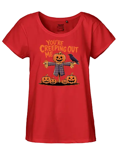 You're Creeping Me Out - scarecrow, jack-o'-lantern, halloween, crow, pumpkin, humor, text, spooky, autumn - Fairtrade Girl Shirt