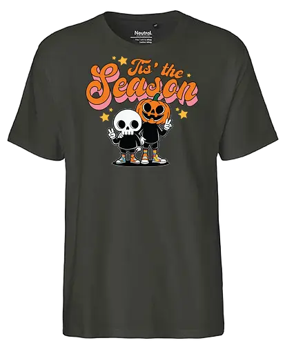 Tis' the Season - halloween, cartoon, pumpkin, skeleton, peace sign, seasonal, festive, lettering, stars, friendship - Fairtrade T-Shirt