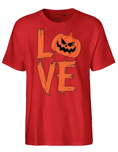 LOVE HALLOWEEN - halloween, jack-o'-lantern, typography, orange, spooky, love, creative design, menacing, pumpkin - Fairtrade T-Shirt