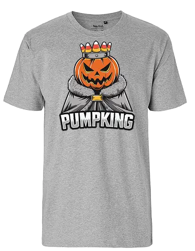PUMPKING - halloween, pumpkin, jack-o'-lantern, crown, candy corn, royalty, robe, text, graphic design - Fairtrade T-Shirt