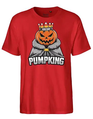 PUMPKING - halloween, pumpkin, jack-o'-lantern, crown, candy corn, royalty, robe, text, graphic design - Fairtrade T-Shirt