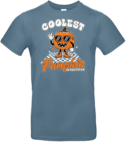 Coolest Pumpkin in the Patch - pumpkin, sunglasses, waving, cartoon, typography, checkered, boots, fun, character, halloween - Standard T-Shirt