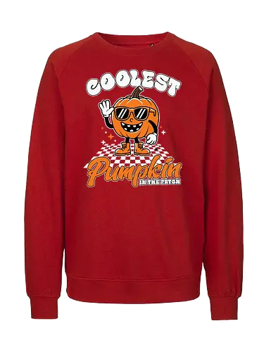 Coolest Pumpkin in the Patch - pumpkin, sunglasses, waving, cartoon, typography, checkered, boots, fun, character, halloween - Fairtrade Sweatshirt