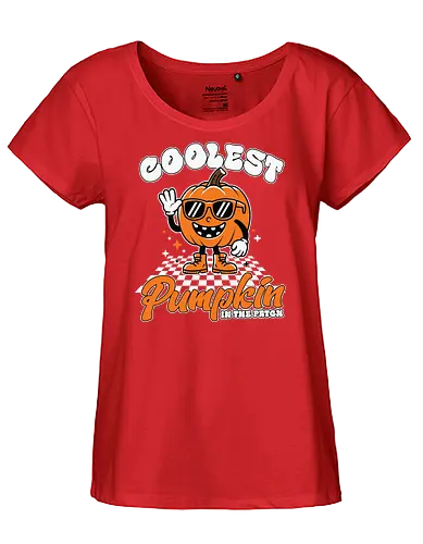 Coolest Pumpkin in the Patch - pumpkin, sunglasses, waving, cartoon, typography, checkered, boots, fun, character, halloween - Fairtrade Girl Shirt