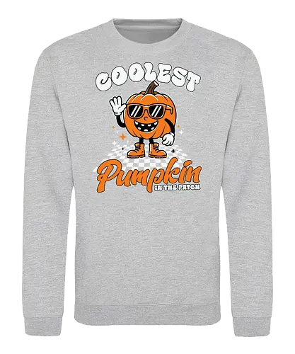 Coolest Pumpkin in the Patch - pumpkin, sunglasses, waving, cartoon, typography, checkered, boots, fun, character, halloween - Sweatshirt