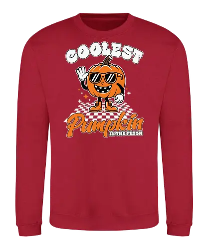 Coolest Pumpkin in the Patch - pumpkin, sunglasses, waving, cartoon, typography, checkered, boots, fun, character, halloween - Sweatshirt