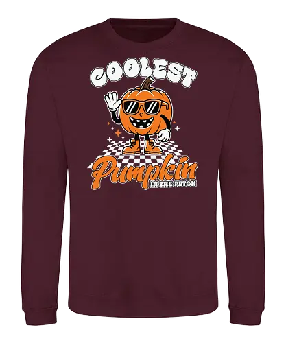Coolest Pumpkin in the Patch - pumpkin, sunglasses, waving, cartoon, typography, checkered, boots, fun, character, halloween - Sweatshirt