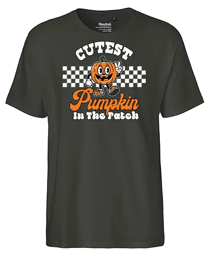 Cutest Pumpkin in the Patch - pumpkin, cartoon, cute, halloween, checkerboard, typography, character, friendly, orange - Fairtrade T-Shirt