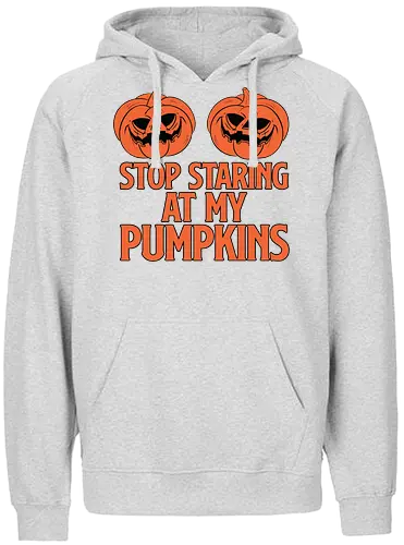 STOP STARING AT MY PUMPKINS - halloween, pumpkins, humor, carved, orange, spooky, typography, design, playful - Fairtrade Hoodie