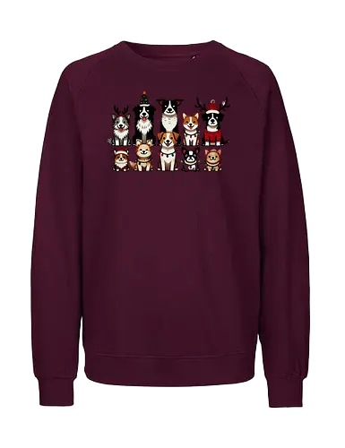Dogs of Christmas - dogs, cartoon, christmas, festive, holiday, santa hats, reindeer antlers, accessories, cheerful - Fairtrade Sweatshirt