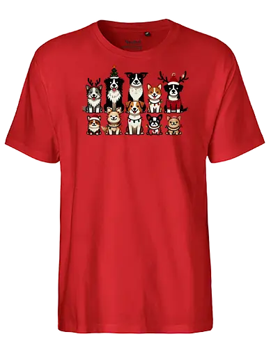 Dogs of Christmas - dogs, cartoon, christmas, festive, holiday, santa hats, reindeer antlers, accessories, cheerful - Fairtrade T-Shirt
