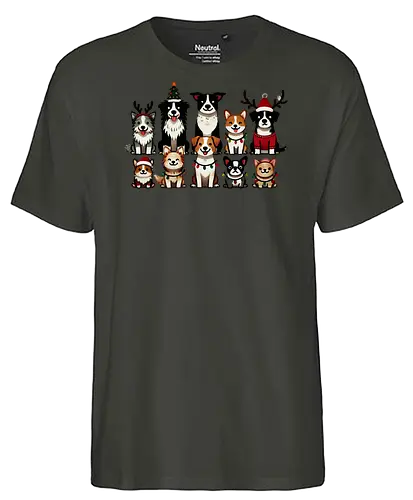 Dogs of Christmas - dogs, cartoon, christmas, festive, holiday, santa hats, reindeer antlers, accessories, cheerful - Fairtrade T-Shirt