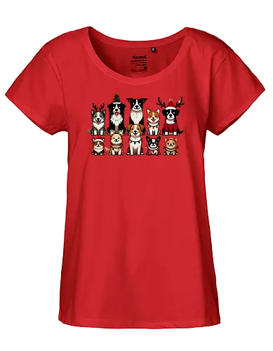 Dogs of Christmas - dogs, cartoon, christmas, festive, holiday, santa hats, reindeer antlers, accessories, cheerful - Fairtrade Girl Shirt