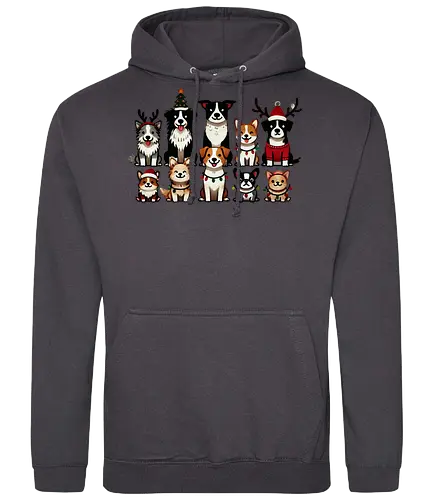 Dogs of Christmas - dogs, cartoon, christmas, festive, holiday, santa hats, reindeer antlers, accessories, cheerful - Standard Hoodie