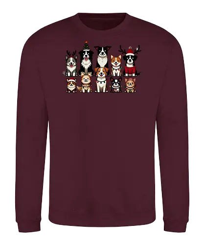 Dogs of Christmas - dogs, cartoon, christmas, festive, holiday, santa hats, reindeer antlers, accessories, cheerful - Sweatshirt