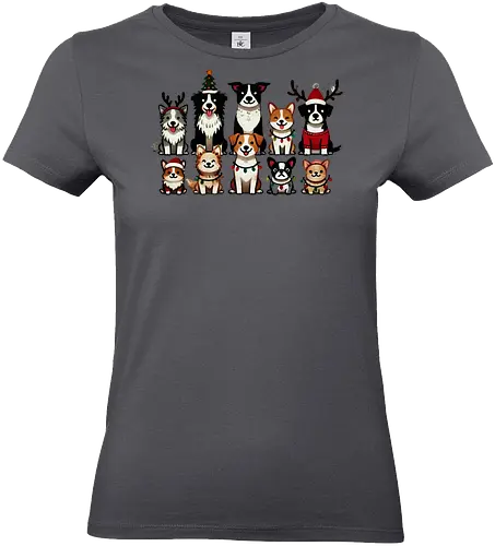 Dogs of Christmas - dogs, cartoon, christmas, festive, holiday, santa hats, reindeer antlers, accessories, cheerful - Standard T-Shirt (Frauen)