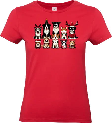 Dogs of Christmas - dogs, cartoon, christmas, festive, holiday, santa hats, reindeer antlers, accessories, cheerful - Standard T-Shirt (Frauen)