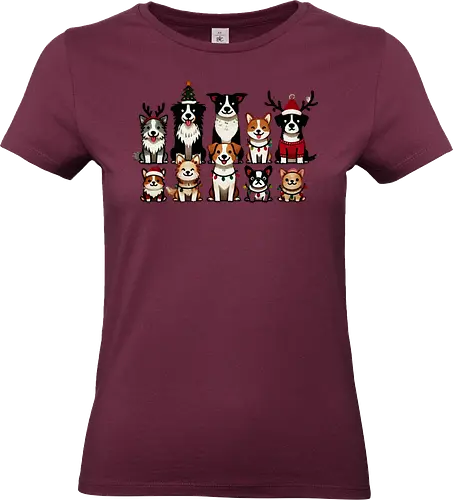 Dogs of Christmas - dogs, cartoon, christmas, festive, holiday, santa hats, reindeer antlers, accessories, cheerful - Standard T-Shirt (Frauen)