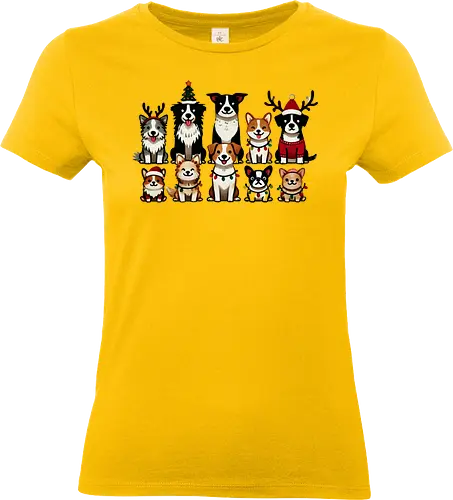 Dogs of Christmas - dogs, cartoon, christmas, festive, holiday, santa hats, reindeer antlers, accessories, cheerful - Standard T-Shirt (Frauen)