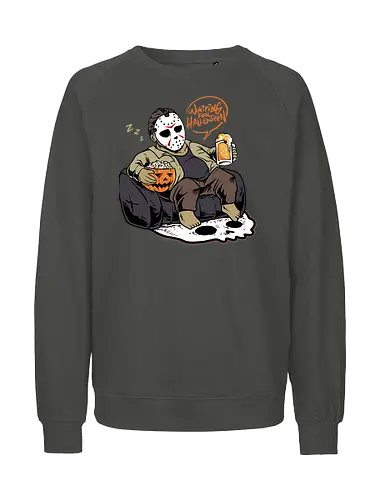 bored jason  - horror, halloween, cool, cute, fun, jasonvoorhees, mask, beer, trickortreat, drink, lazy, bored, cartoon, monster - Fairtrade Sweatshirt