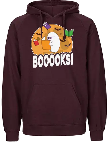 BOOOOKS - ghost, books, bats, glasses, moon, reading, halloween, cartoon, humor, spooky - Fairtrade Hoodie