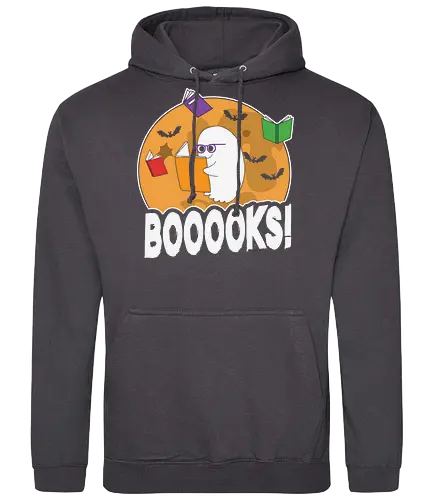 BOOOOKS - ghost, books, bats, glasses, moon, reading, halloween, cartoon, humor, spooky - Standard Hoodie