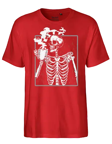  skeleton drinking coffee - skeleton, coffee, steam, monochrome, humor, macabre, drink, skull, illustration - Fairtrade T-Shirt