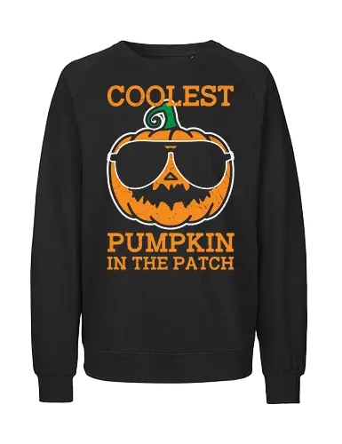 Coolest Pumpkin in the Patch orange - pumpkin, sunglasses, cool, text, cartoon, humor, halloween, illustration, autumn - Fairtrade Sweatshirt