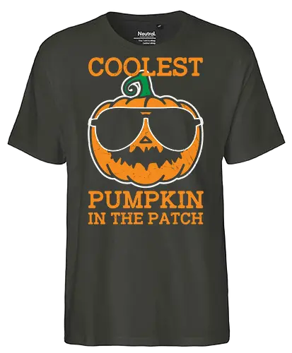 Coolest Pumpkin in the Patch orange - pumpkin, sunglasses, cool, text, cartoon, humor, halloween, illustration, autumn - Fairtrade T-Shirt