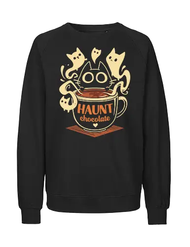 Haunt Chocolate - black cat, ghost, hot chocolate, halloween, horror, spooky, scary, funny, pun, cute kawaii, paranormal, phantom, kitten, kitty - Fairtrade Sweatshirt