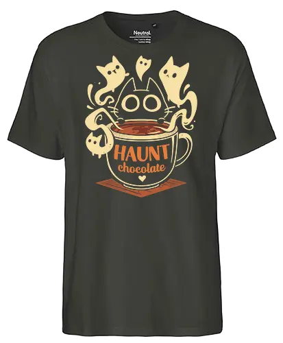 Haunt Chocolate - black cat, ghost, hot chocolate, halloween, horror, spooky, scary, funny, pun, cute kawaii, paranormal, phantom, kitten, kitty - Fairtrade T-Shirt