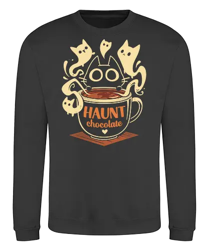 Haunt Chocolate - black cat, ghost, hot chocolate, halloween, horror, spooky, scary, funny, pun, cute kawaii, paranormal, phantom, kitten, kitty - Sweatshirt