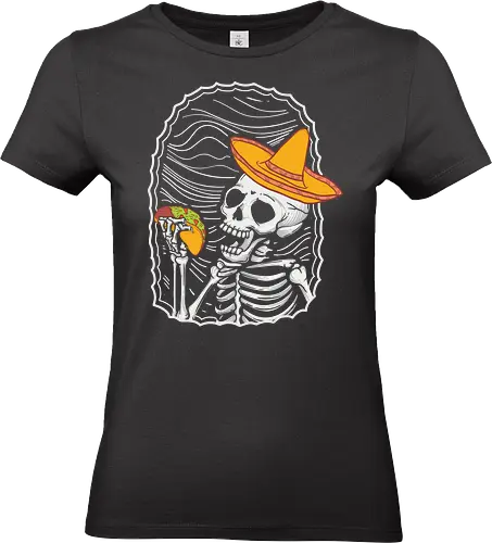 Skeleton eating taco - skeleton, sombrero, taco, humor, vibrant, contrast, monochrome, playful, framed, design - Standard T-Shirt (Frauen)