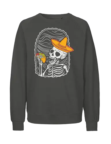Skeleton eating taco - skeleton, sombrero, taco, humor, vibrant, contrast, monochrome, playful, framed, design - Fairtrade Sweatshirt