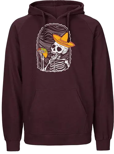 Skeleton eating taco - skeleton, sombrero, taco, humor, vibrant, contrast, monochrome, playful, framed, design - Fairtrade Hoodie