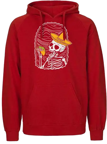 Skeleton eating taco - skeleton, sombrero, taco, humor, vibrant, contrast, monochrome, playful, framed, design - Fairtrade Hoodie