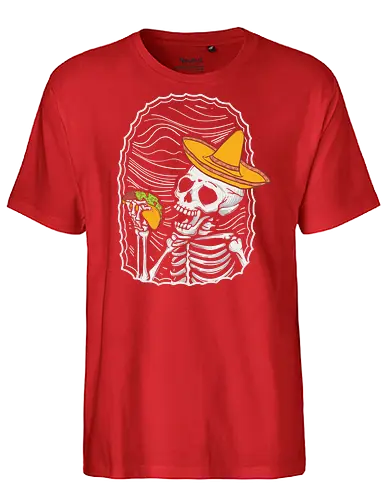 Skeleton eating taco - skeleton, sombrero, taco, humor, vibrant, contrast, monochrome, playful, framed, design - Fairtrade T-Shirt